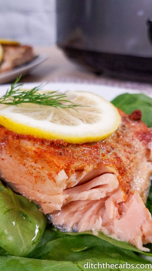 Poaching salmon in the slow cooker served with dill garnish