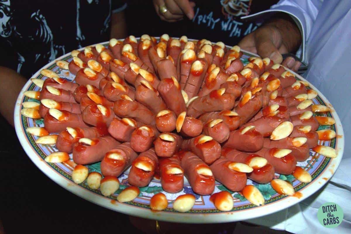 sausages sliced to look like bleeding fingers