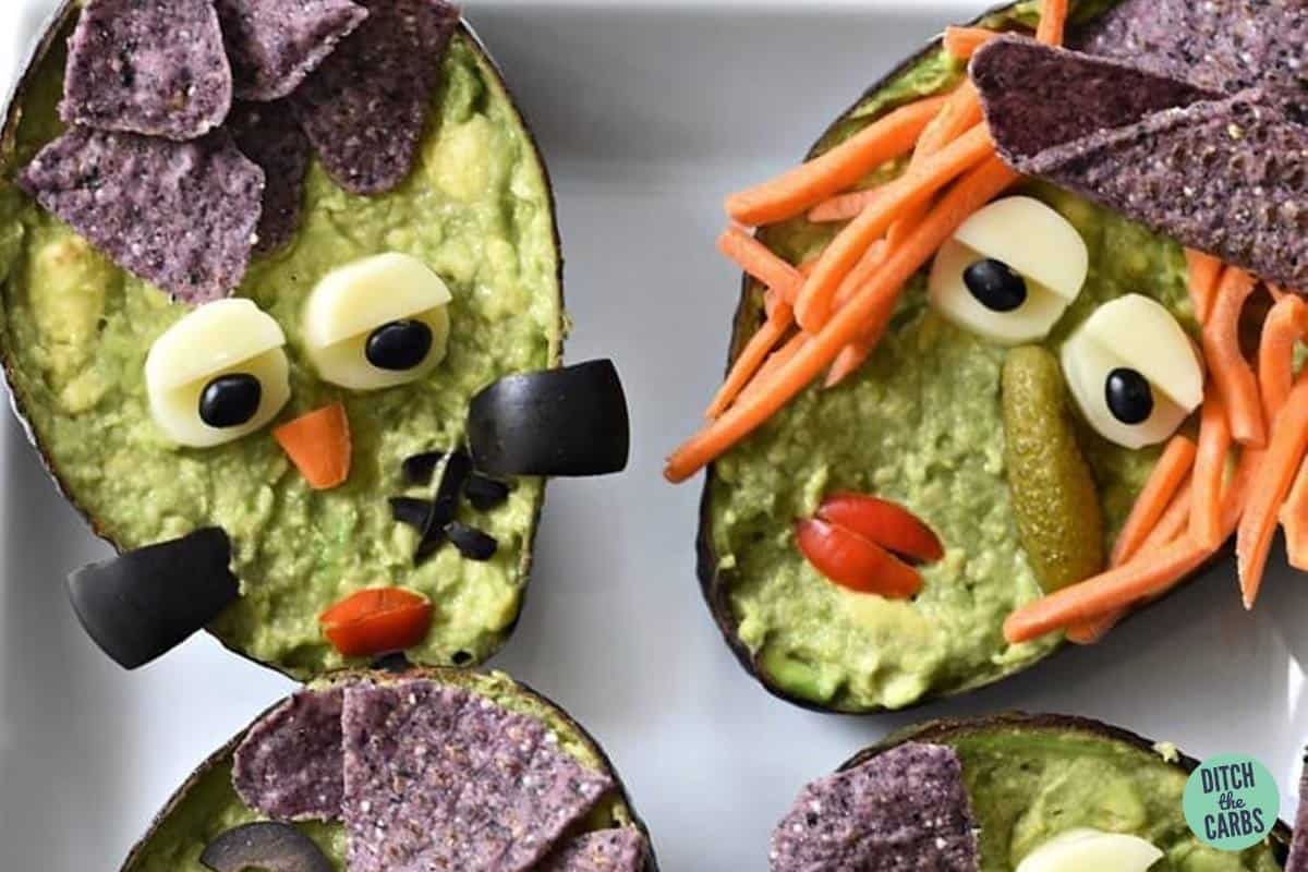 guacamole served in avocaod skins to look like a witch