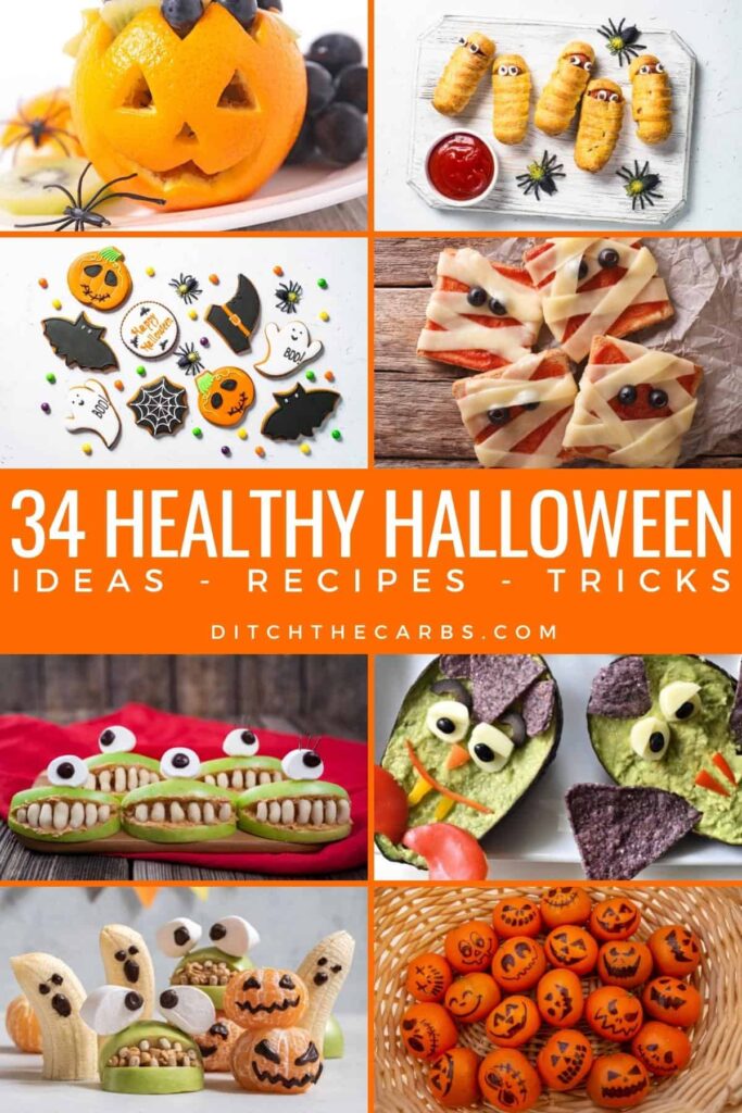 collage of healthy Halloween ideas
