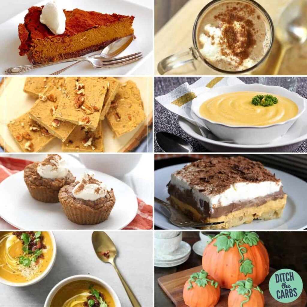 collage of 39 BEST sweet and savoury low-carb keto pumpkin recipes.