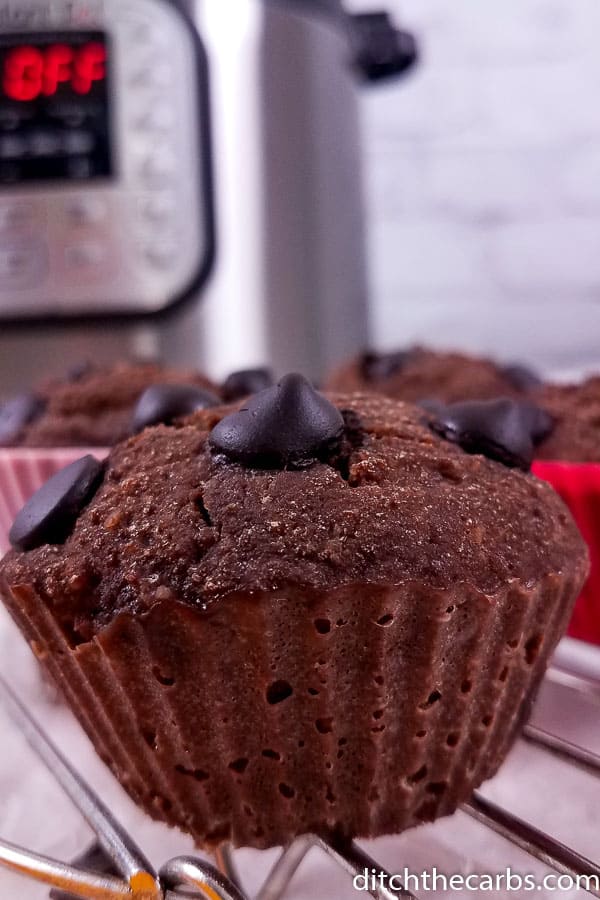 chocolate muffins sitting in front of an Instant Pot 