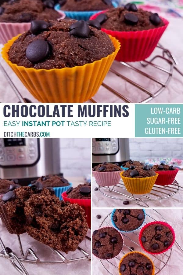 Photo collage of chocolate cupcakes cooked in the Instant Pot