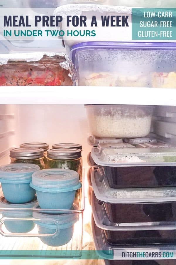 An open refrigerator filled with food prep containers