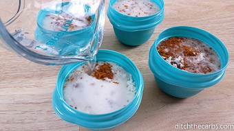 Pouring water onto Chia seeds in blue cups