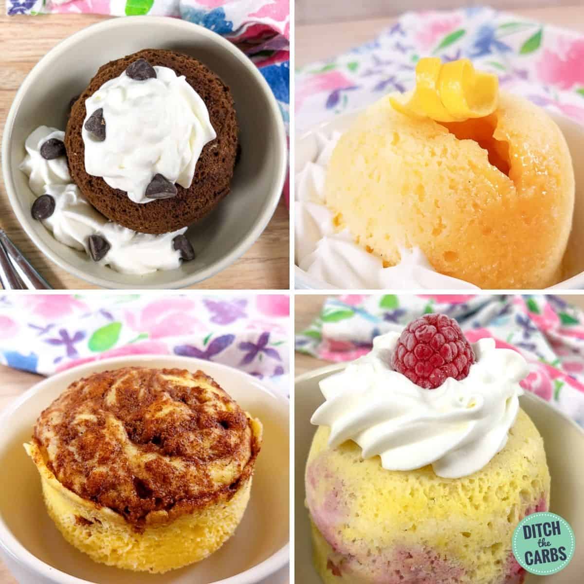 Four different low-carb mug cakes in bowls on a table with forks.