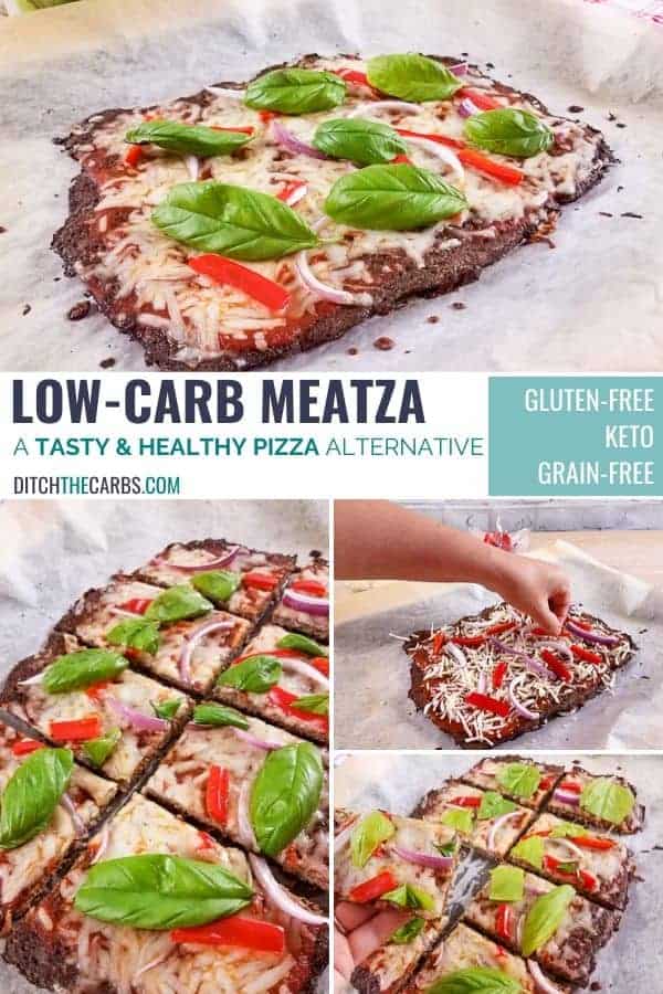 Low-carb meatza keto pizza image collage