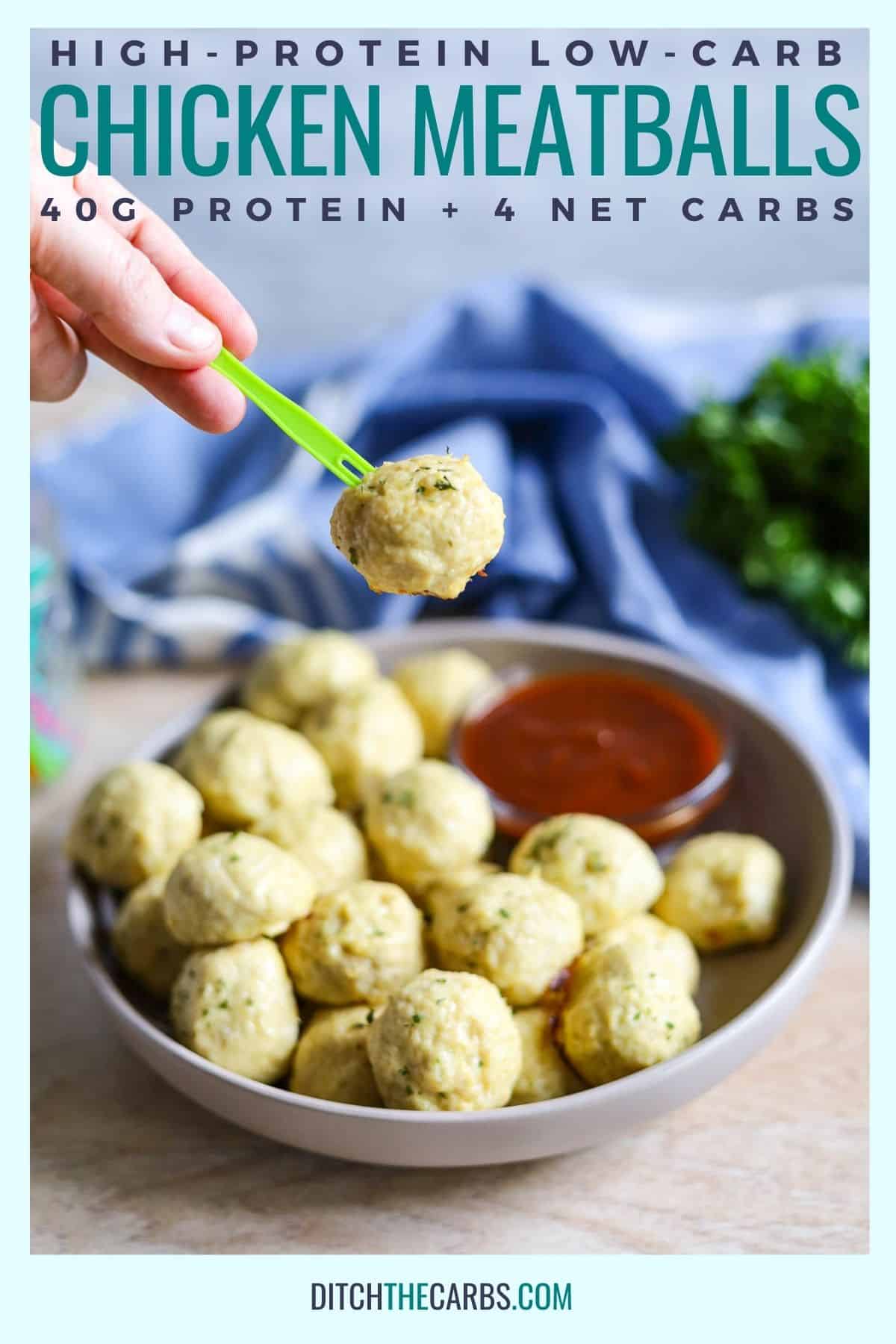 cheesy chicken meatballs high-protein low-carb (HPLC) eaten with a toothpick