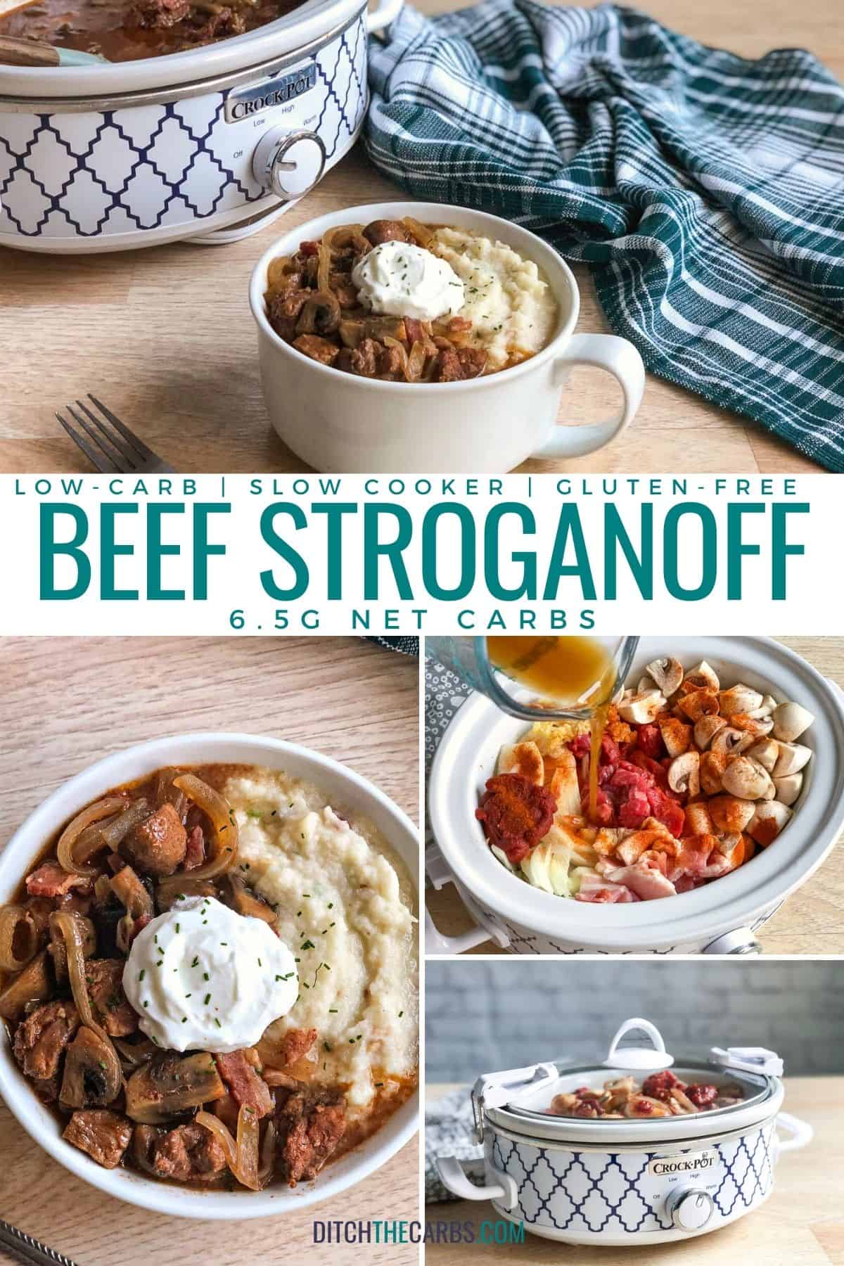 collage of how to make keto beef stroganoff