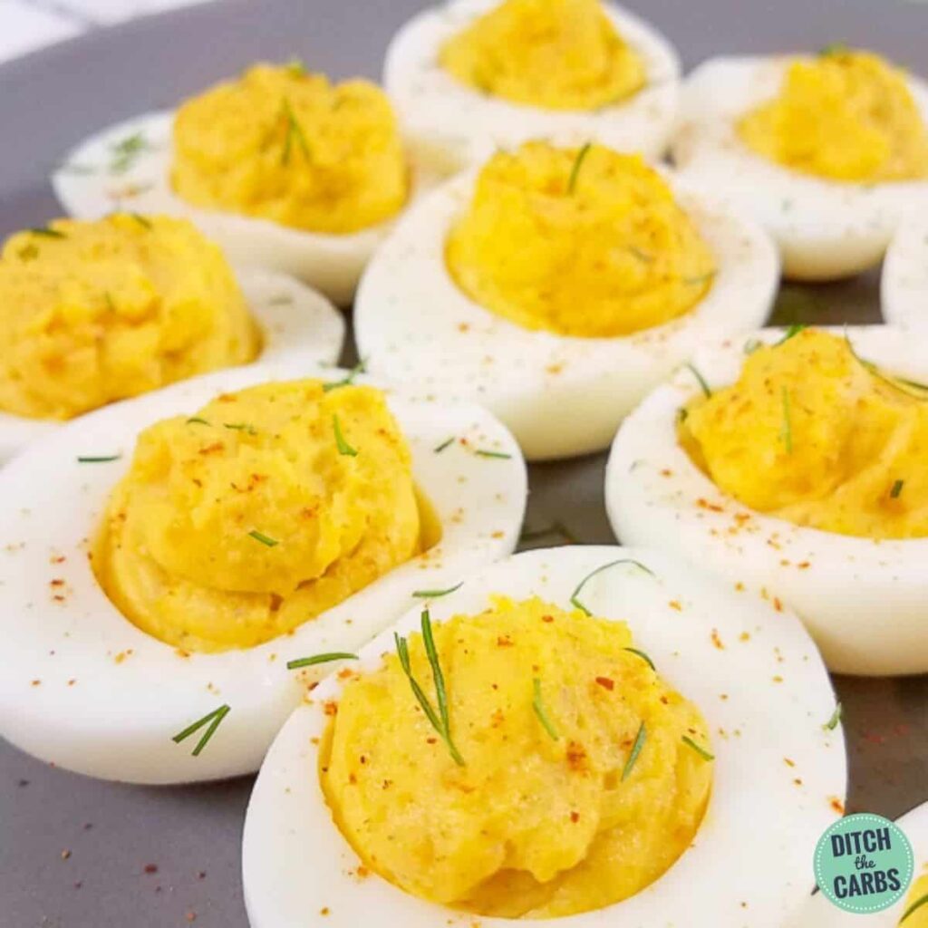 A close up of curried devilled eggs