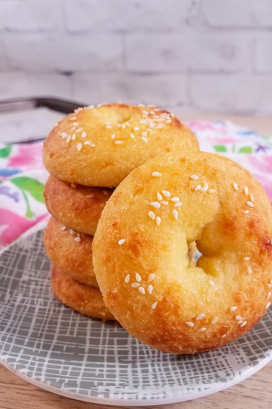 A stack of baked mozzarella bagels 