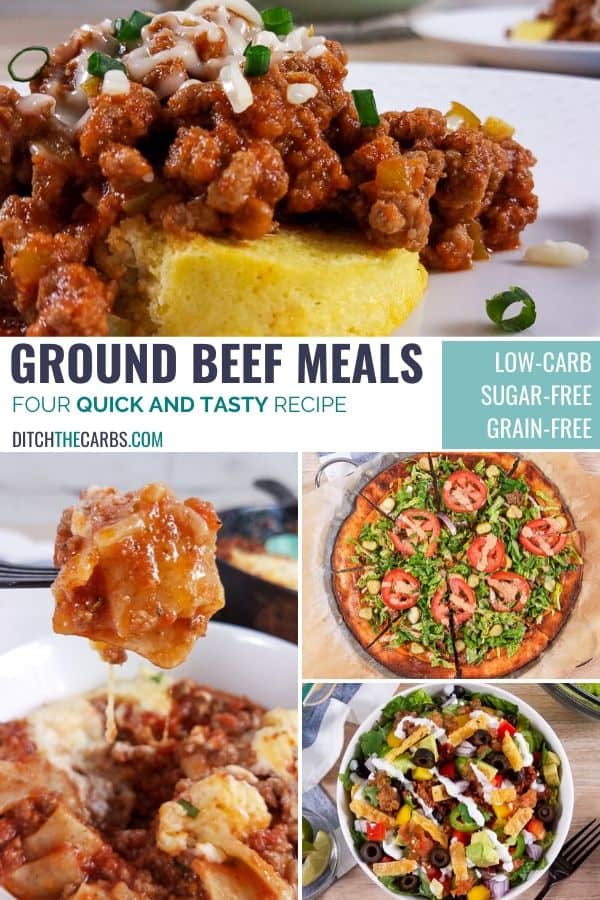 collage showing 4 low-carb ground beef meal prep recipes