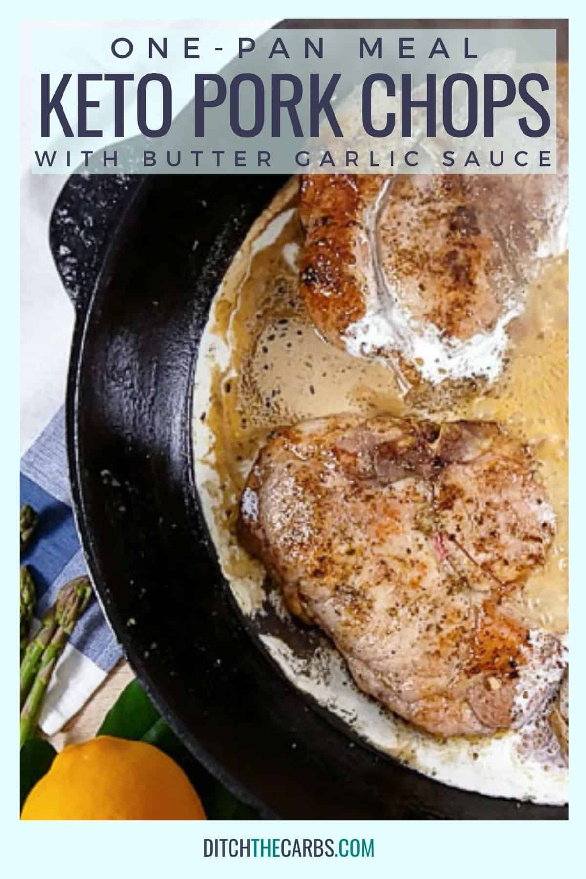 cooked pork chop recipe served with garlic butter on a white plate with asparagus