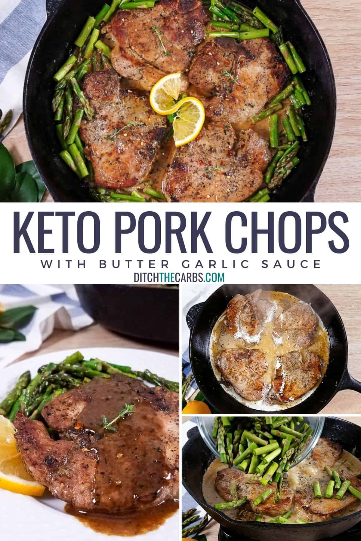 collage of how to cook pork chop recipe served with garlic butter