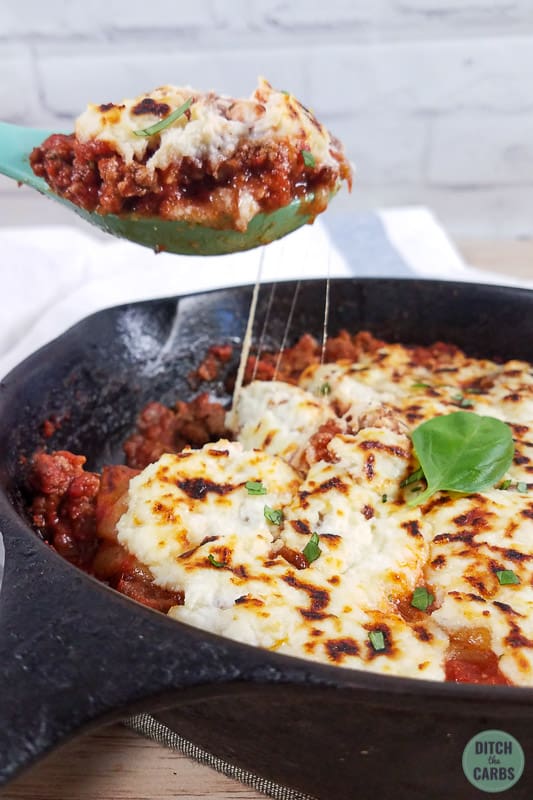 skillet showing dripping cheese and ground beef skillet lasagne