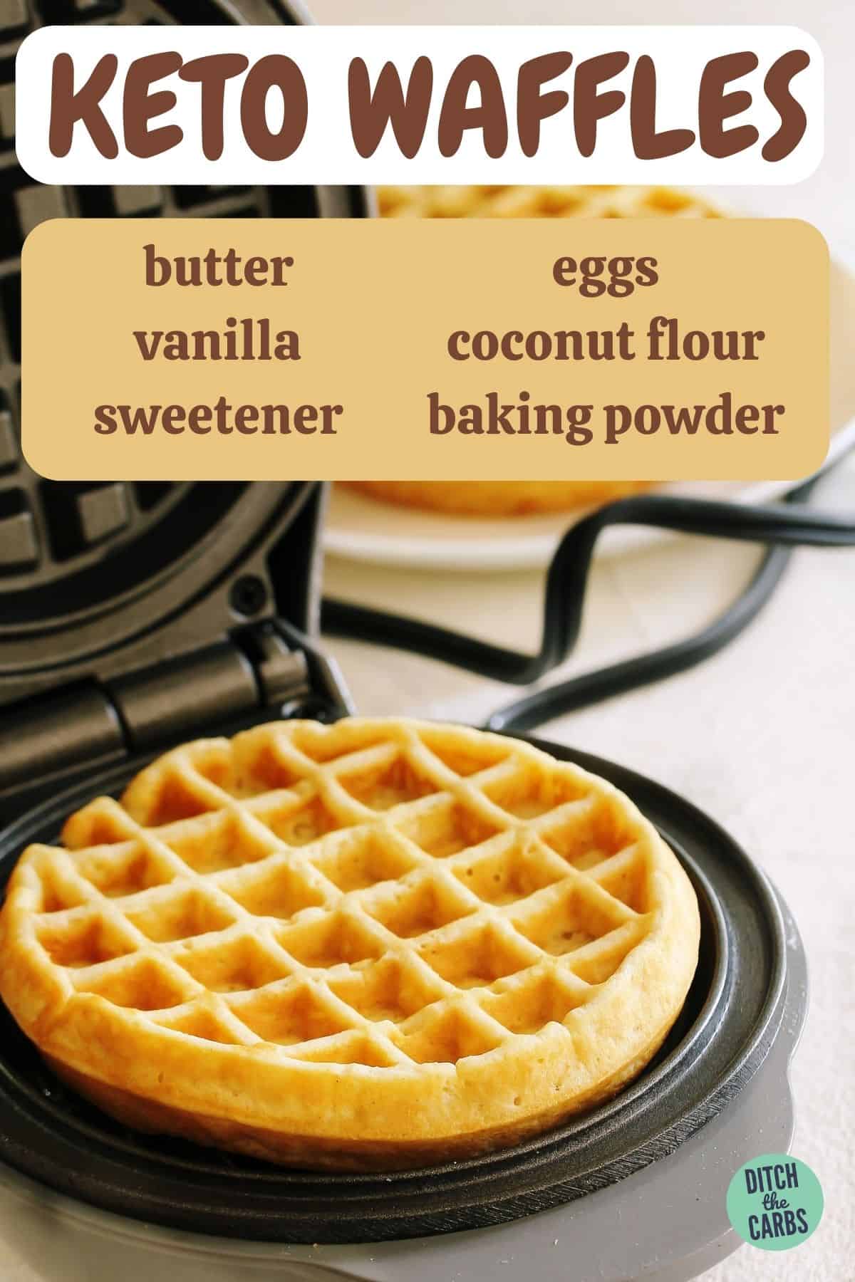 a waffle maker with 2 keto waffles cooking