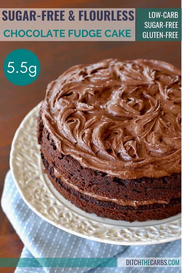 Super EASY Sugar-Free Flourless Chocolate Fudge Cake: Gluten Free. Only 5.5g net carbs served on a white cake stand