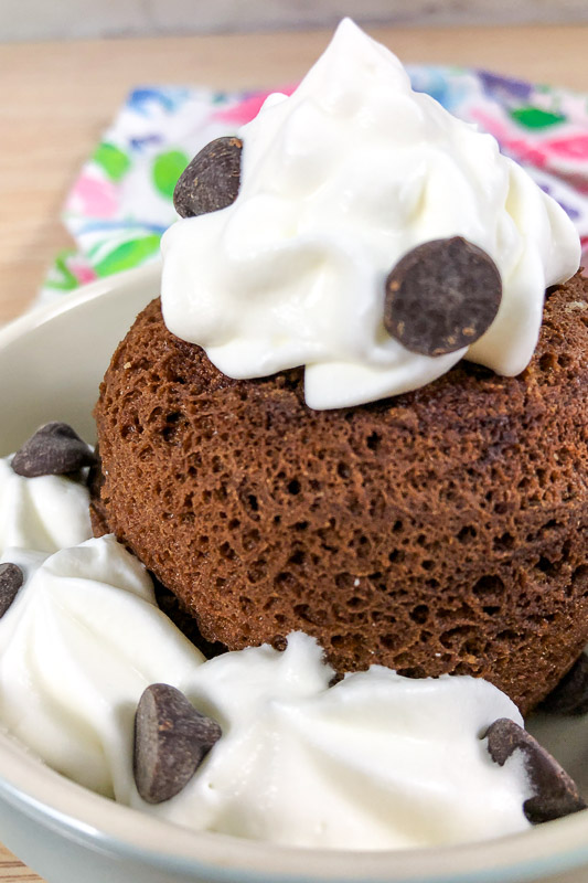 Double chocolate low-carb mug cake in a light blue dish with whipped cream and chocolate chips on top.