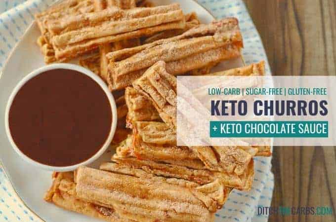 Keto Cinnamon Churro Chaffles served on a plate with chocolate dipping sauce close up and featured image
