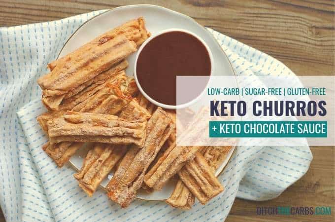 serving suggestion for Keto Cinnamon Churro Chaffles served on a plate with chocolate dipping sauce on a white plate