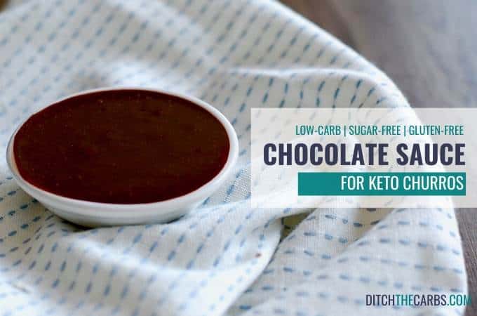 chocolate dipping sauce in a white dish on a blue cloth