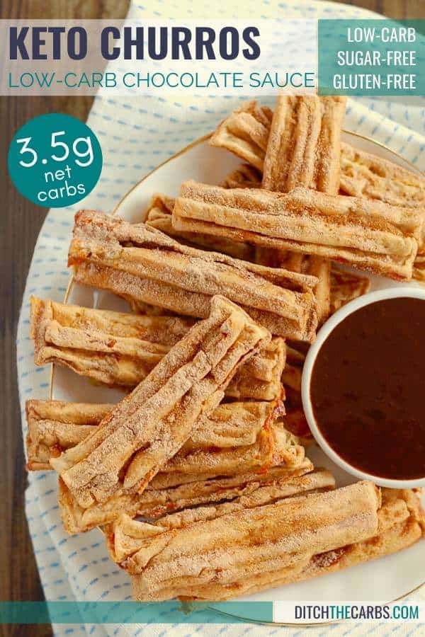 Keto Cinnamon Churro Chaffles served on a plate with chocolate dipping sauce close up
