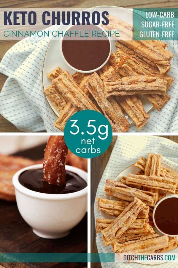 Keto Cinnamon Churro Chaffles collage showing the chocolate dipping sauce