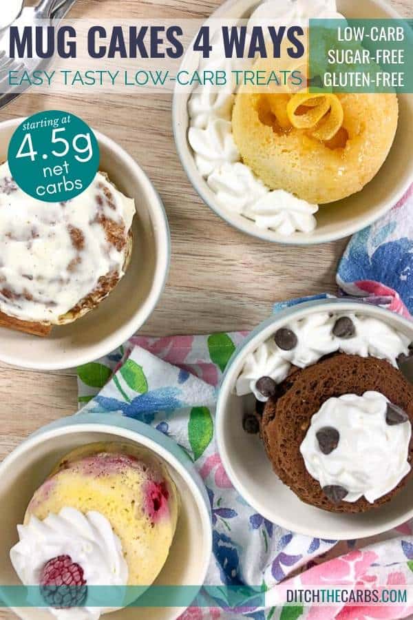 Four different low-carb mug cakes in light blue bowls.