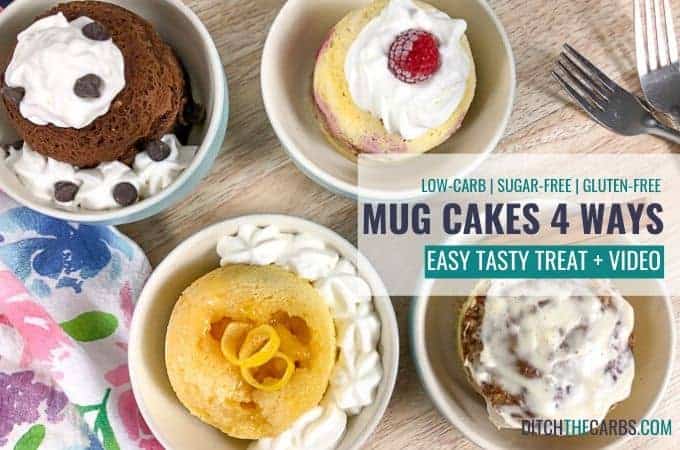 Four different low-carb mug cakes in bowls on a table with forks.
