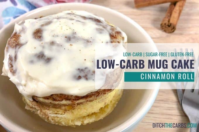 Frosted cinnamon roll low-carb mug cake in a dish.