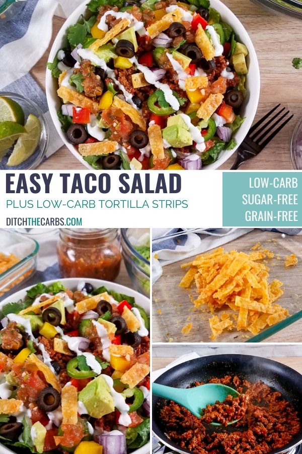 A variety of picture of low-carb taco salad that show the completed salad, cooking the taco meat, and completed keto tortilla strips.