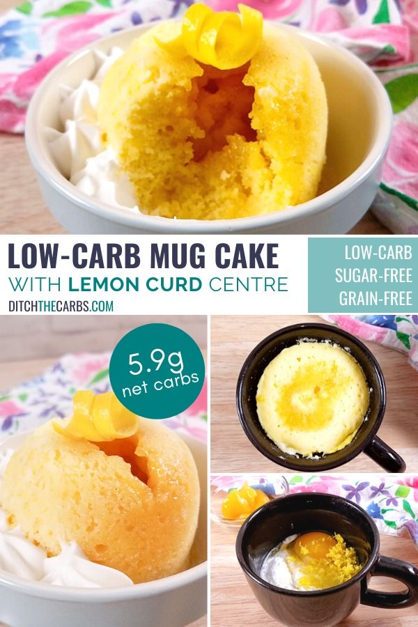 A variety of pictures of lemon curd low-card mug cakes. There are picture of cooked cakes and uncooked batter in a mug.