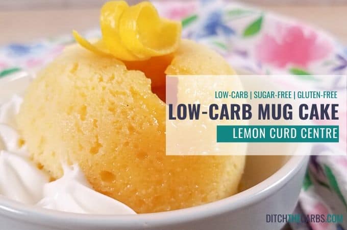 Lemon Curd Low-Carb Mug Cake in a dish with whipped cream on the side.