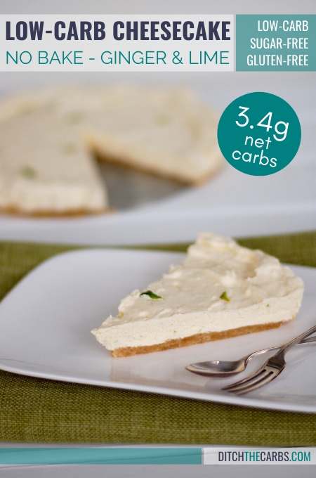 No-Bake Sugar-Free Ginger and Lime Cheesecake sliced and served with silver knife and fork