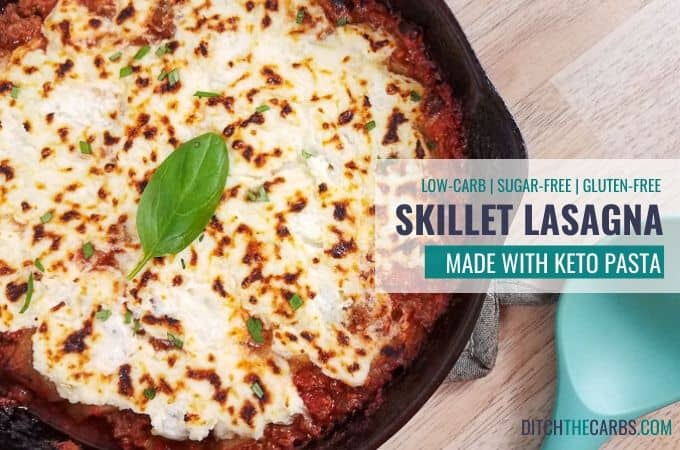 Close up shot of low-carb skillet lasagna still in the skillet.