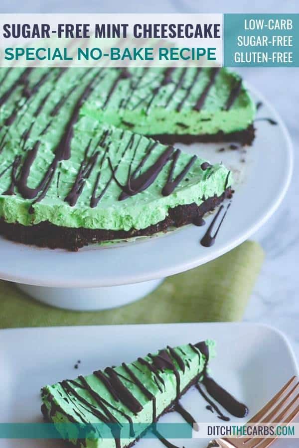 No-Bake Sugar-Free Mint Cheesecake drizzled with chocolate sliced and served on a white cake stand