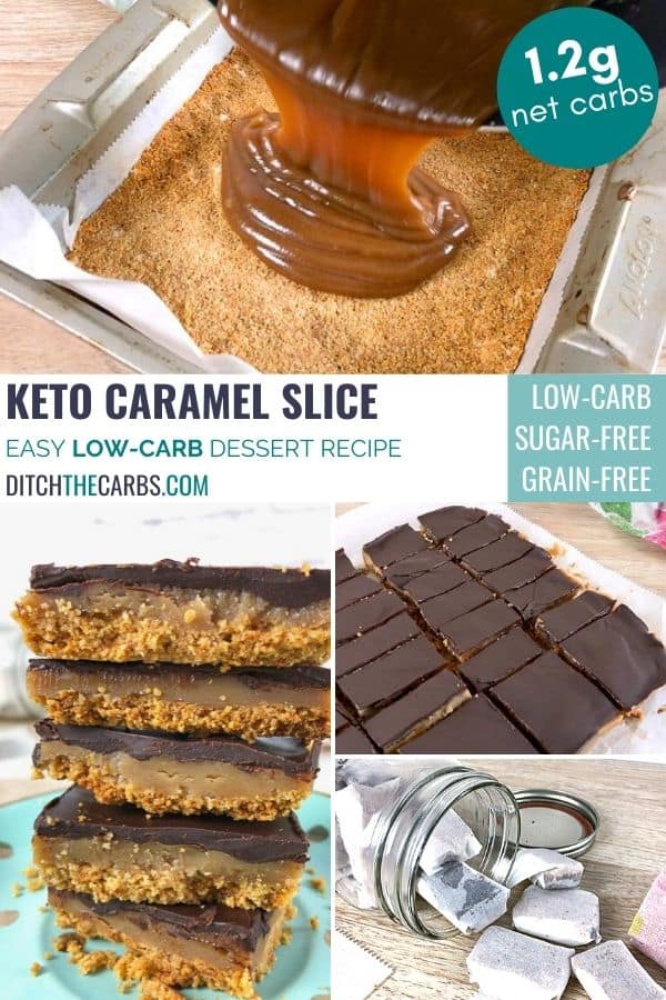 gooey keto caramel slice collage showing recipe and serving suggestions