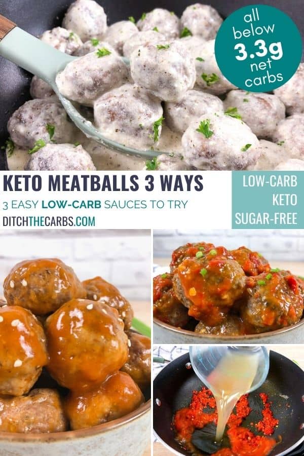Keto meatballs being served in a sweet and sour sauce, a creamy goat cheese sauce, and a spicy garlic sauce. One picture shows broth being poured into a pan.