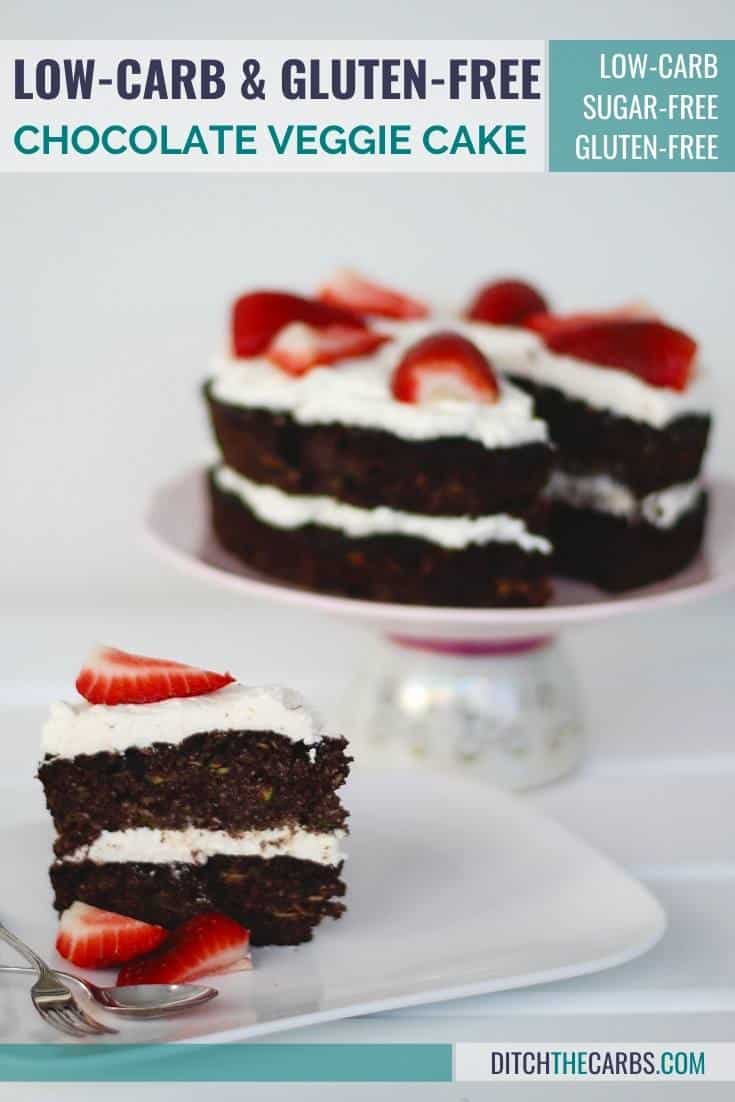 Low-Carb Chocolate Zucchini Cake served with whipped cream and berries on a white plate with strawberries