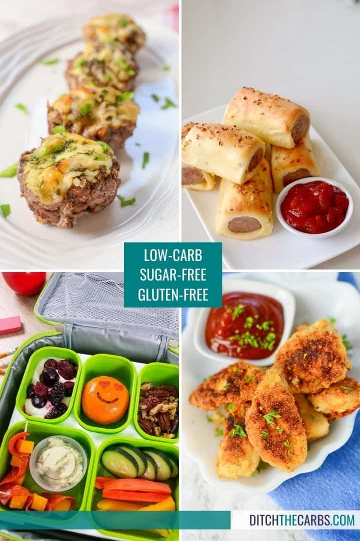 low carb lunch box ideas like chicken nuggest, meat and cheese with veggies, and sausage rolls