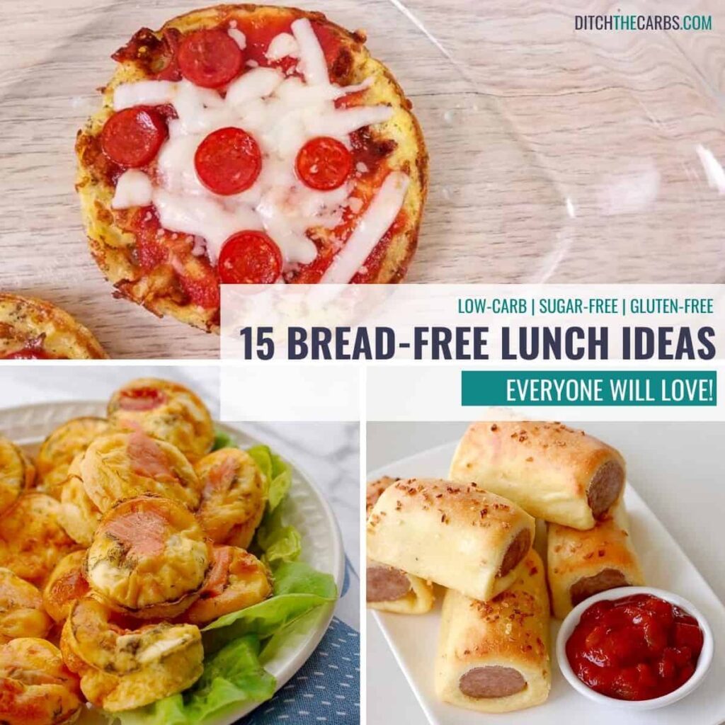 collage of bread free lunch ideas like pizza chaffle, salmon bites, sausage rolls