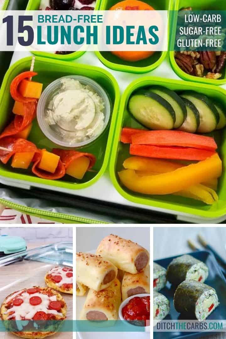 lunch box with small portions, pizza chaffle with pepperoni on top, sausage roll, and gluten-free sushi