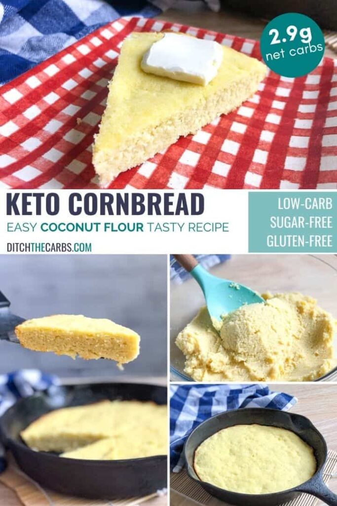 Several picture of keto cornbread being made and cooked. The batter is made, then poured in a skillet and baked. Next a slice of cornbread is lifted from the skillet on a spatula.