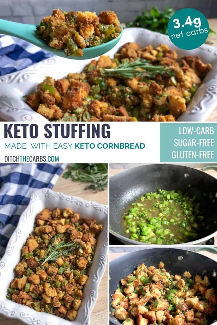 A collage of pictures show keto and low-carb stuffing at various stages.