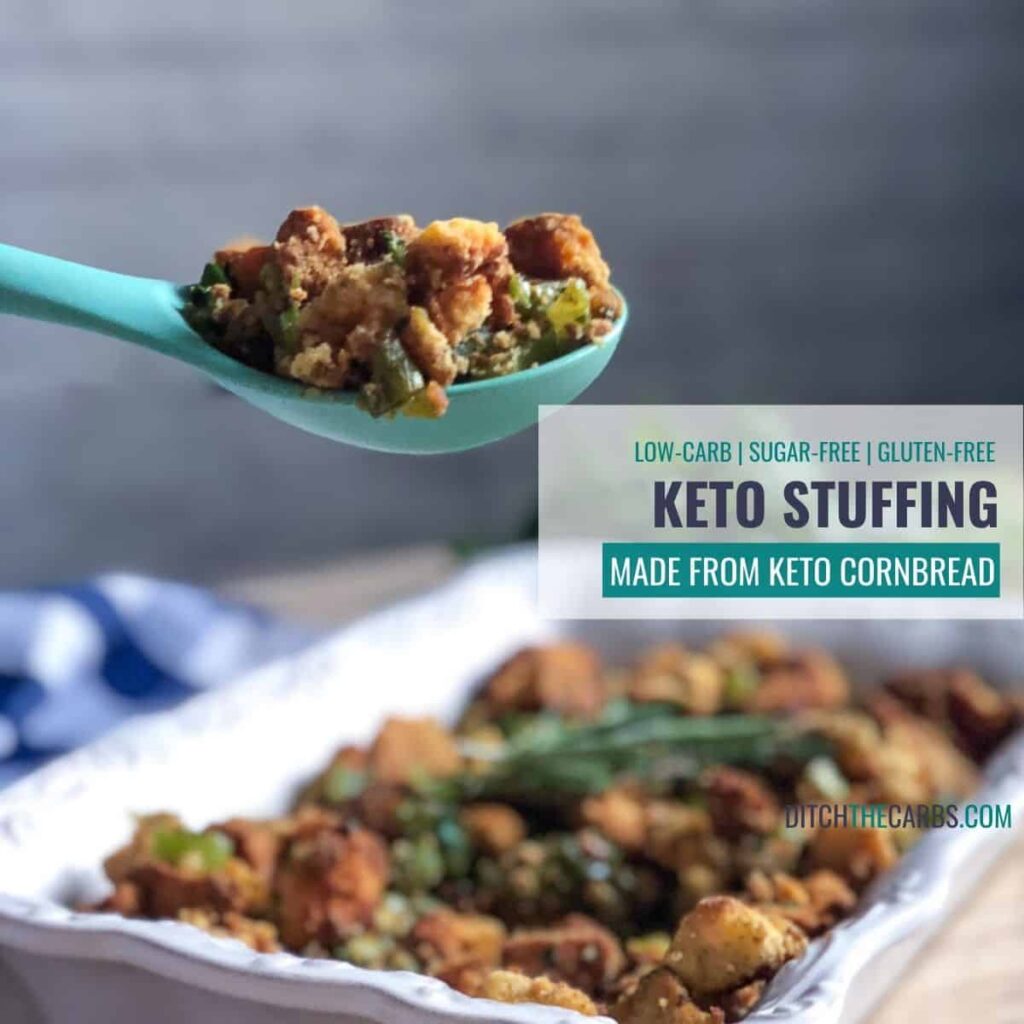 A blue serving spoon lifting keto stuffing from the serving dish