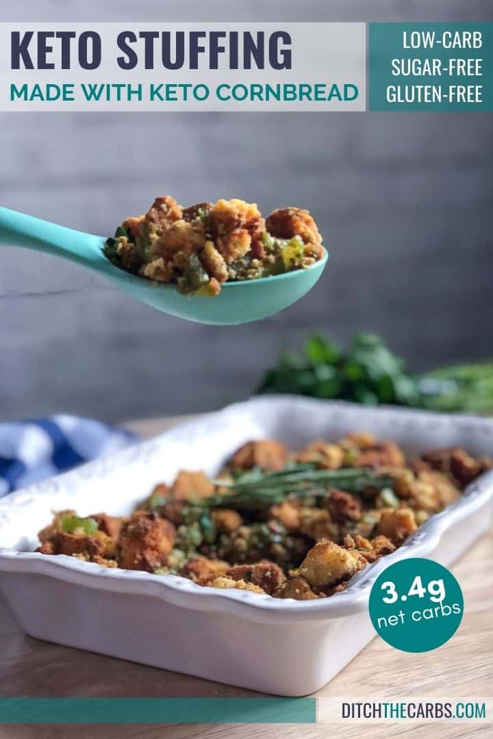 Low-carb and keto stuffing in a white serving dish. A spoonful of stuffing is being lifted in a light blue green serving spoon.