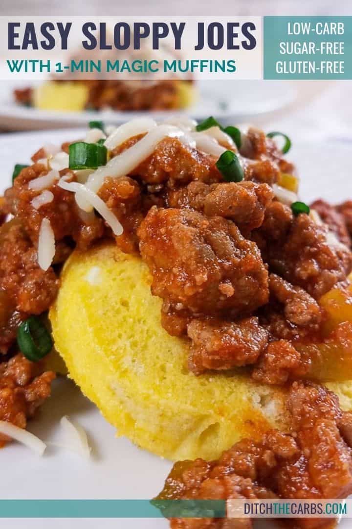 Low-Carb Sloppy Joes served over 1-minute muffins on a white plate