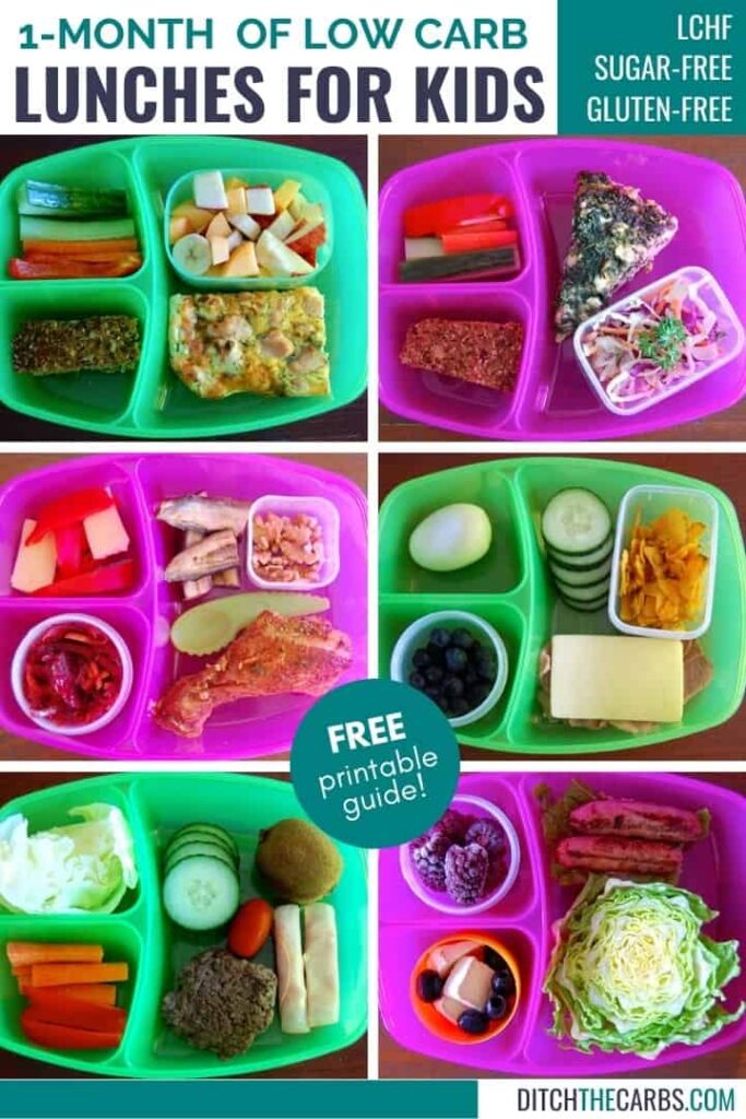 collage of pink and green lunch containers with low carb lunch ideas for kids