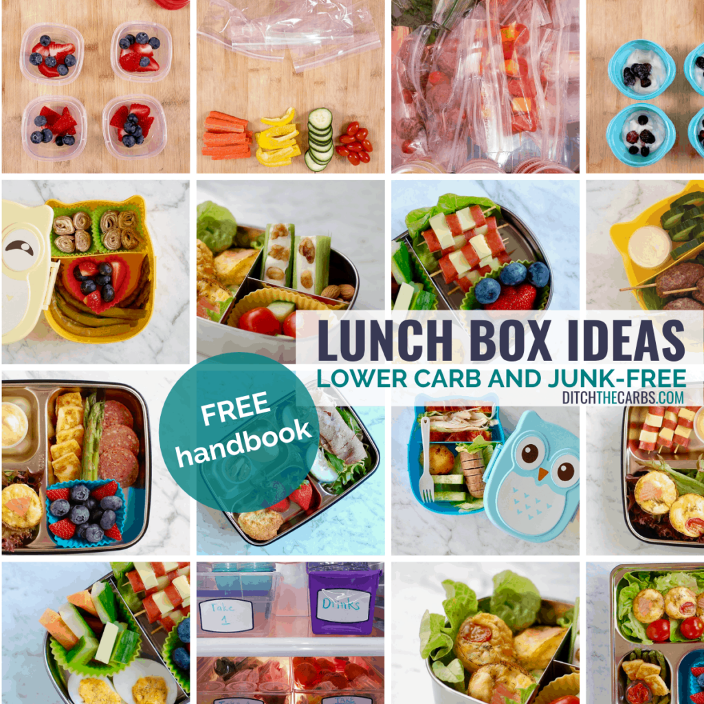 collage of containers showing 1-month low-carb lunch ideas for kids