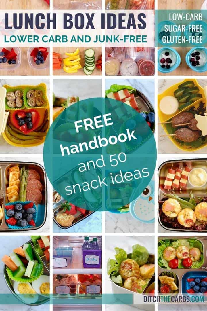 collage of containers showing 1-month low-carb lunch ideas for kids
